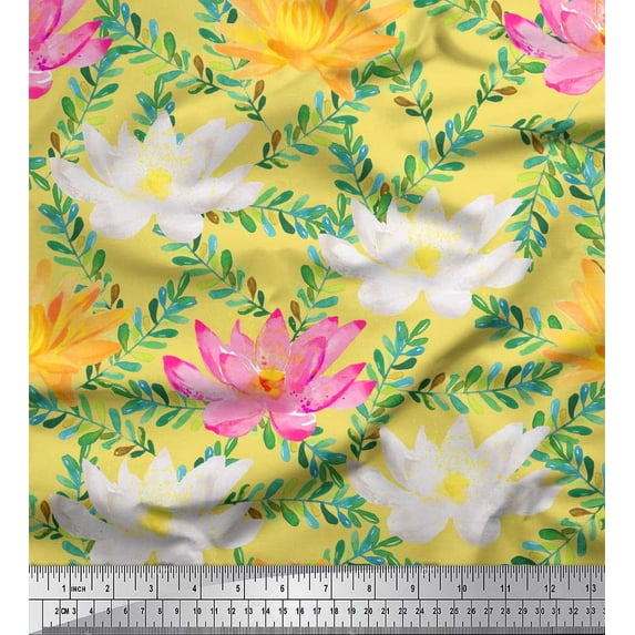 Soimoi Yellow Cotton Poplin Fabric Leaves & Water Lily Floral Print Fabric Prints By the Yard 42 Inch Wide
