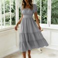 thumbnail image 4 of Iyufng Womens Long Dresses Summer Short Sleeve Pleated Casual Dress Fitted Waist Square Neck Dress, 4 of 6