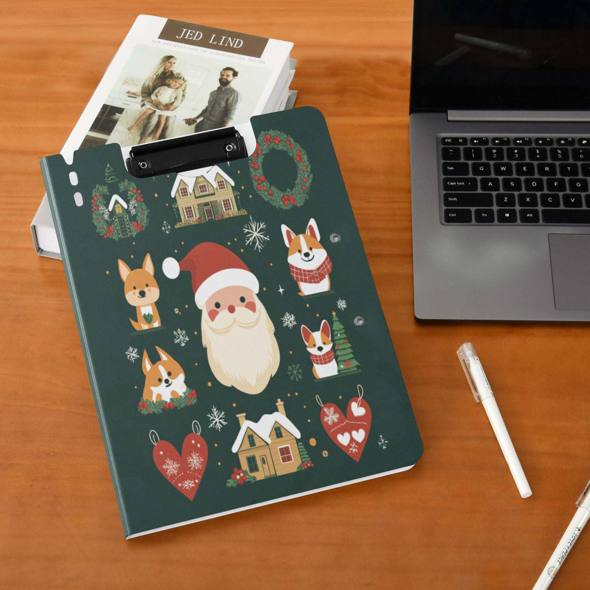 FORMRS A4 Clipboard Folder with Pen Holder Horizontal Foldable School Office Binder, Green Christmas