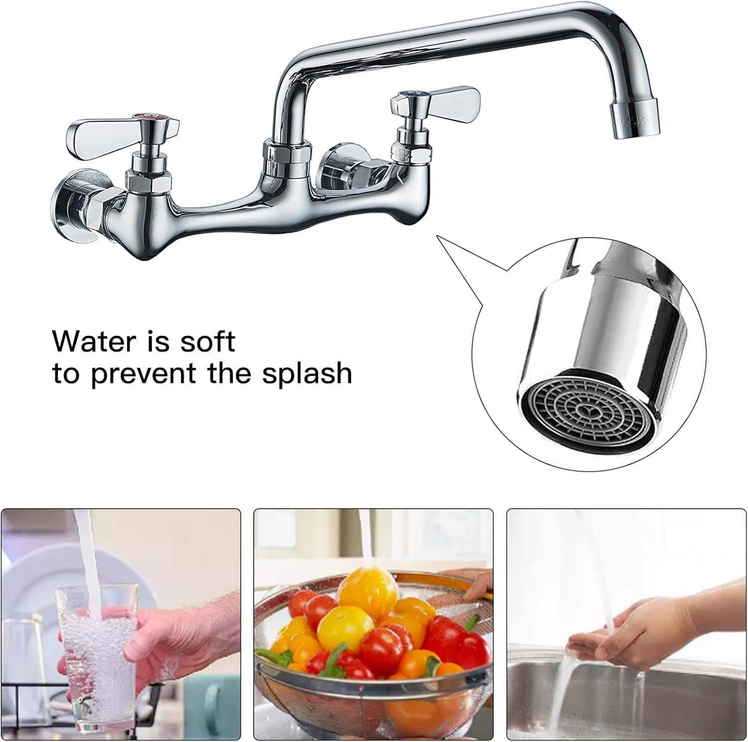 Chrome Commercial Sink Faucet with 8” Swivel Spout 8" Center Wall Mount Kitchen Faucet, Dual Handles Brass Utility Sink Faucet for Laundry Room Restaurant