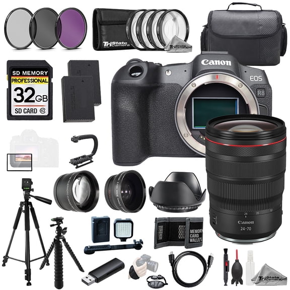Canon EOS R8 Camera   RF 24-70mm f/2.8L IS USM Lens  32GB Ext Bat 9 PC Filtr-MEGA Kit (International Version)