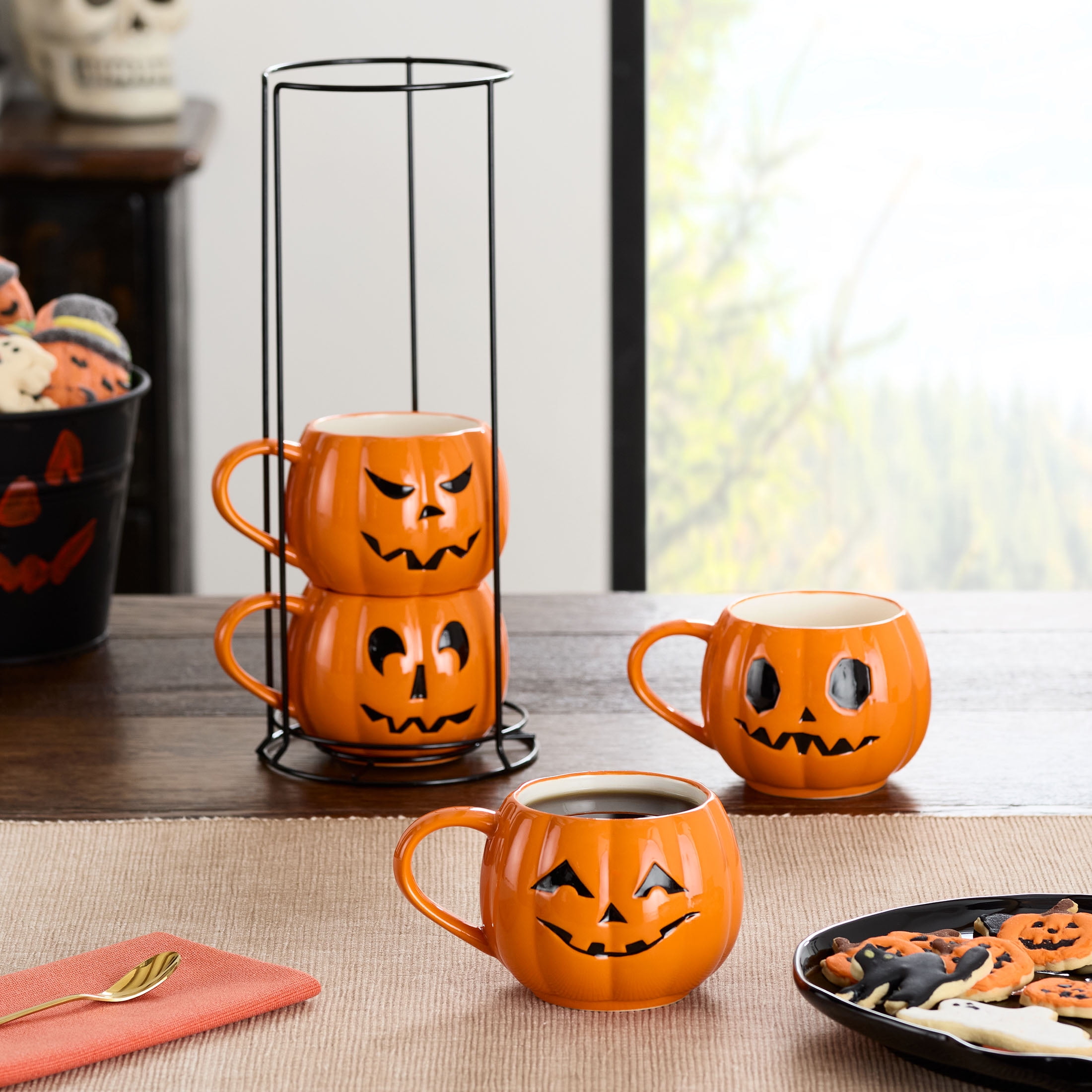 (2 pack) Halloween 13-Ounce Orange Pumpkin Stoneware Stackable Mug Set with Iron Rack, by Way To Celebrate
