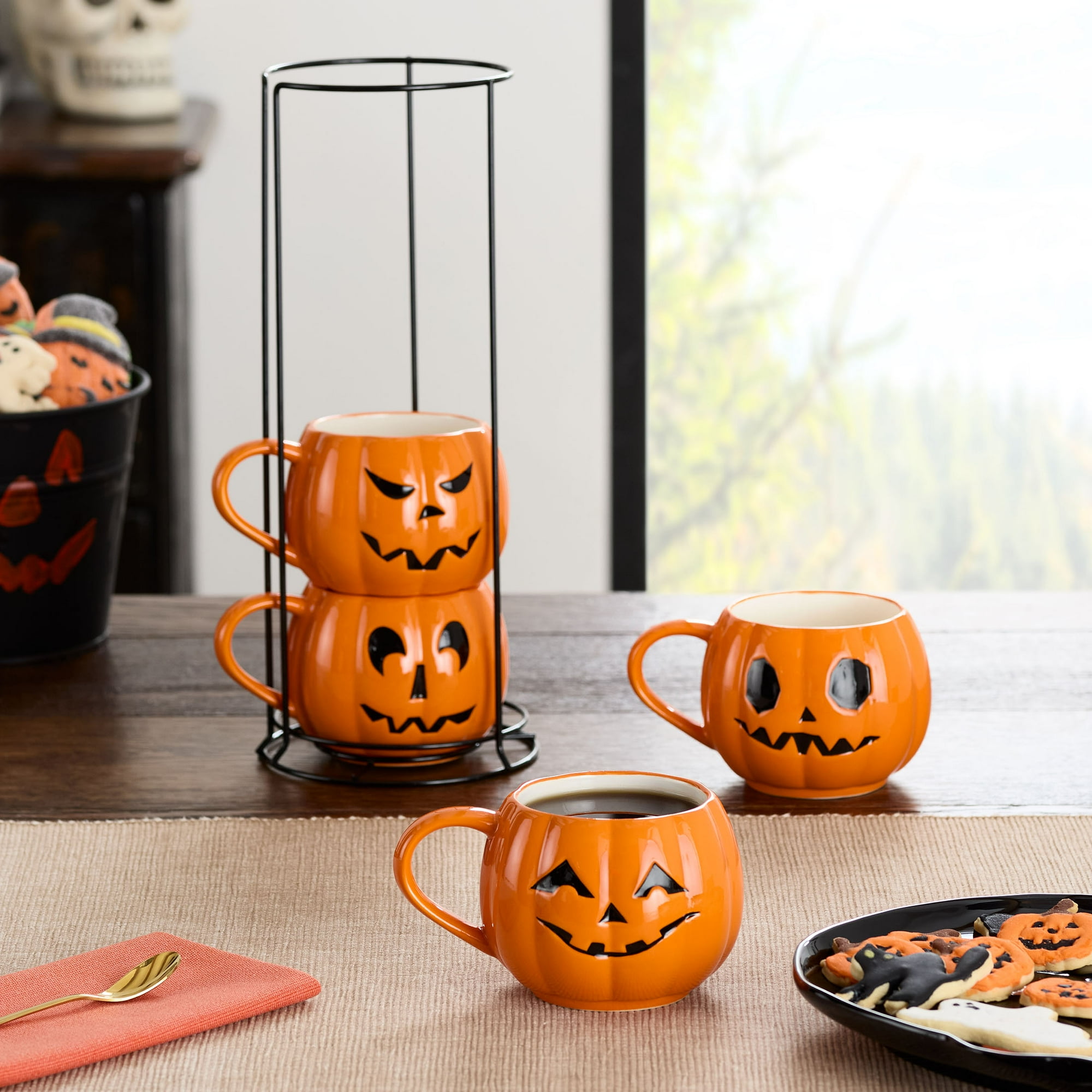 Halloween 13-Ounce Orange Pumpkin Stoneware Stackable Mug Set with Iron Rack, by Way To Celebrate
