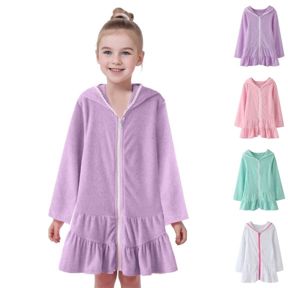HJYCHN Kids Dress Long Sleeve Hooded Zip up Swim Cover up Beach Dress with Ruffled Hem for Girls Dresses 2-3 Years