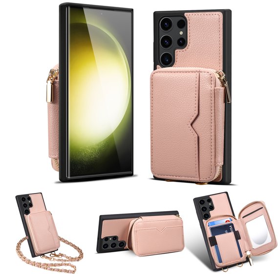 Nalacover for Samsung Galaxy S23 Ultra Crossbody Wallet Case for Women Men,Premium PU Leather Zipper Pocket ID Credit Card Slots Kickstand Phone Case with Removable Metal Shoulder Strap,Pink