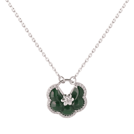 Flower Green Jade Pendant Necklace for Women, Alloy with Rhinestone Accents Vintage Inspired Elegant Jewelry Gift