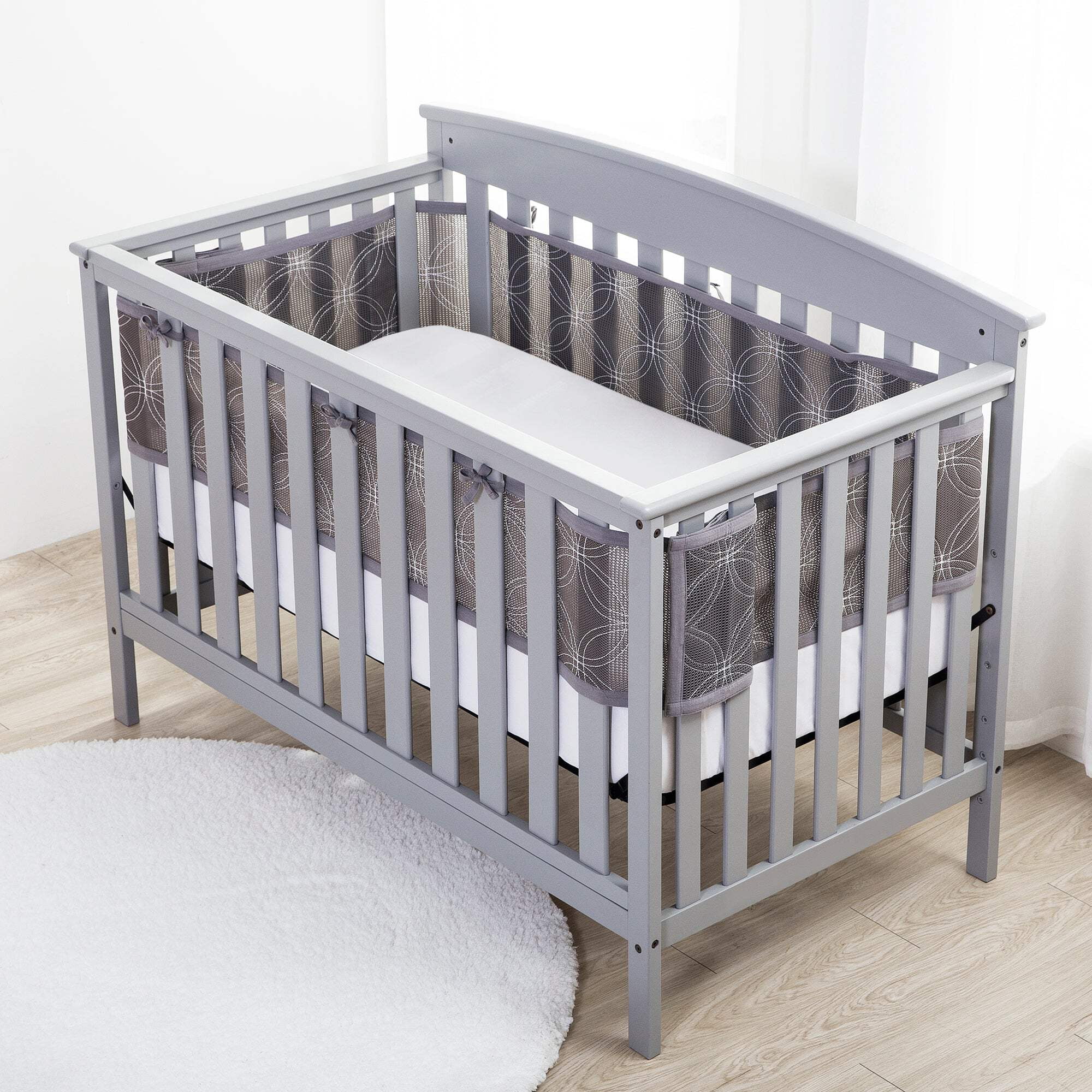 BreathableBaby Breathable Mesh Crib Liner – Deluxe Embroidered Collection – Gray Links