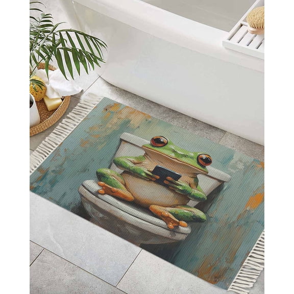 Bathroom Frog Bath Rug 2x3ft Woven Bathroom Entryway Runner Rug, Toilet Animals Vintage Washable Living Room Hallway Bedroom Kitchen Carpet with Tassels, Non-Shedding Indoor Outdoor Throw Doormat