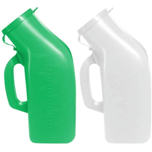 1200ml Urinals for Men Thick Firm Portable Urinal, Urine Collection for Hospital, Incontinence, Elderly, Travel Bottle and Emergency (White   Green) 2 Packs