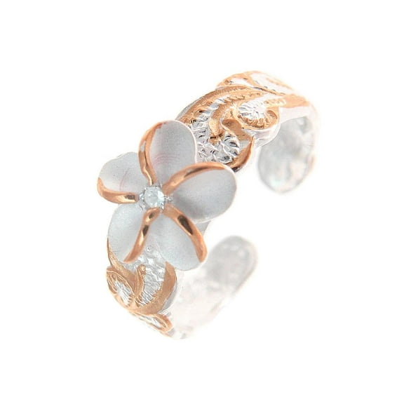 925 sterling silver 2 tone pink rose gold plated 8mm Hawaiian scroll plumeria flower cz toe ring