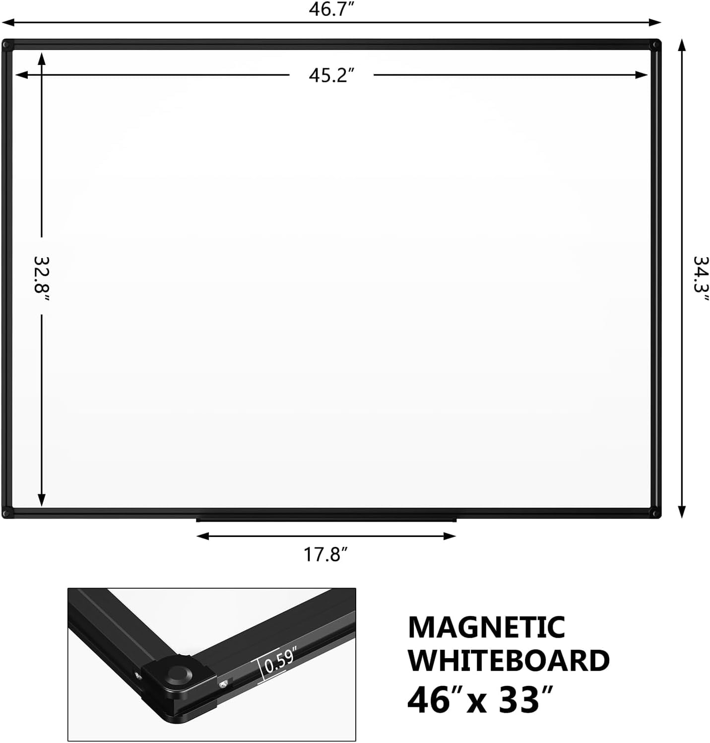 46" X 33" Magnetic Dry Erase Whiteboard with Black Aluminum Frame, Hanging Whiteboard for Home, School, Office, Kitchen