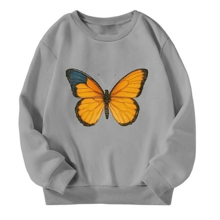 WhouRiu Big Girl Sweatshirts Butterfly Loose Long Sleeve Tshirts Children Outdoor Soft Comfy Sports Fall Sweatshirts Gray Sized 11-12