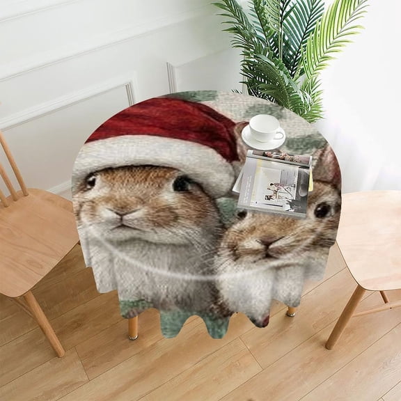 RKSupls 60 Inch Round Tablecloth, Christmas Rabbits Holly Premium Polyester Straight Edge Wrinkle Resistant Washable Table Cover for Party Home Dining Decor