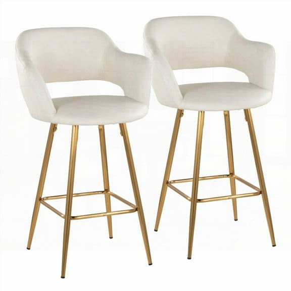 Set of 2 Contemporary Gold Metal and Cream Faux Leather Fixed-Height Counter Stools with Square Footrest by LumiSource