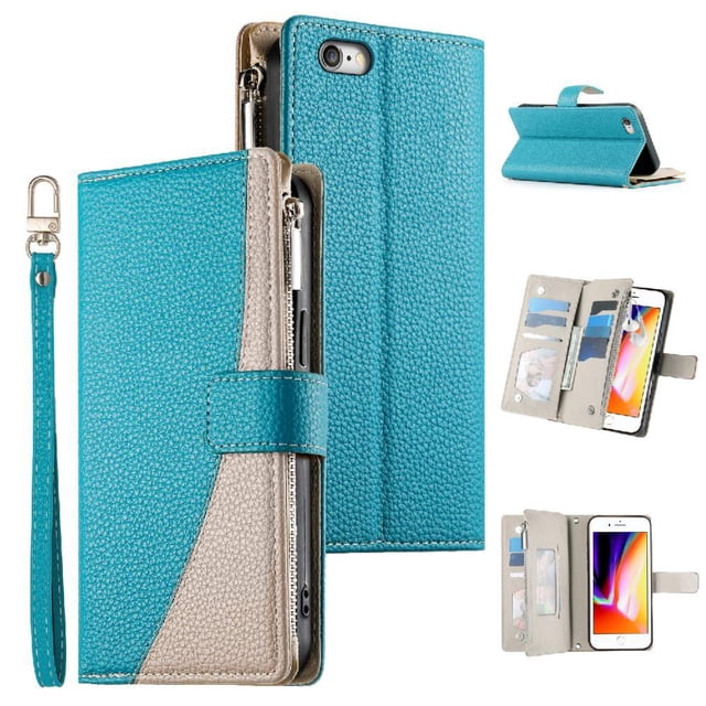 Funda cartera GANGXUN para iPhone SE 2020/2022 , cuero PU con tarjetero, cremallera, correa de mano, soporte y protección 396°