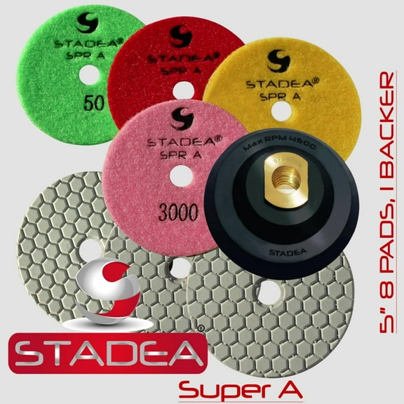 STADEA Diamond Polishing Pads 5" Dry - Set of 8 with Rubber Backer Holder