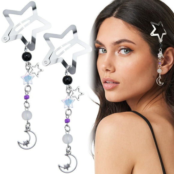 Pndeyo 2 pinzas para el pelo con borlas de estrella para mujer, antideslizantes, años 2000, Y2k, pasadores para el pelo, lindo colgante con cuentas de luna, accesorios para trenzas, pelo largo, corto,