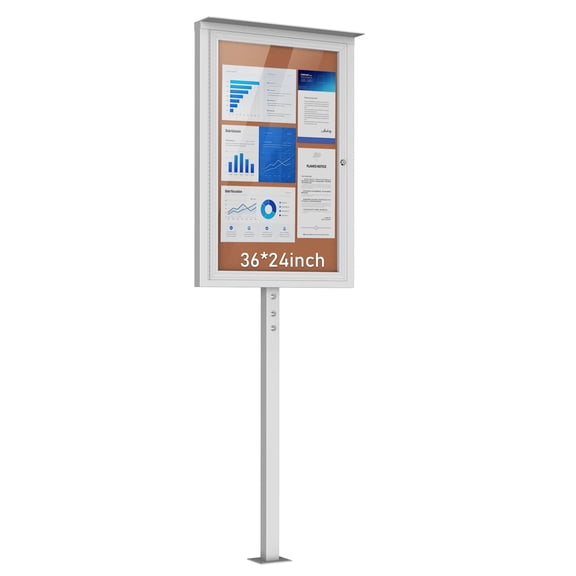 Standing Enclosed Bulletin Board 36 x 24 in, Outdoor Cork Display Case with Aluminum Frame and Steel Stand, Weatherproof Lockable Notice Board for School, Office and Commercial