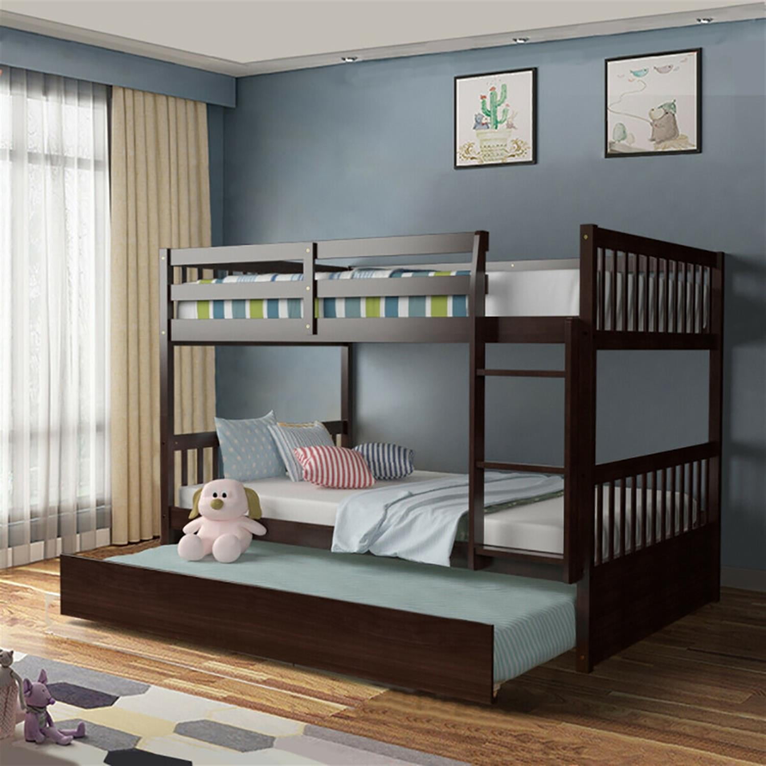 Demi Bonn Bunk Beds Full over Full with Ladder in the Steps and a Full Trundle, Bunk Bed Platform Twin Over Twin, Brown