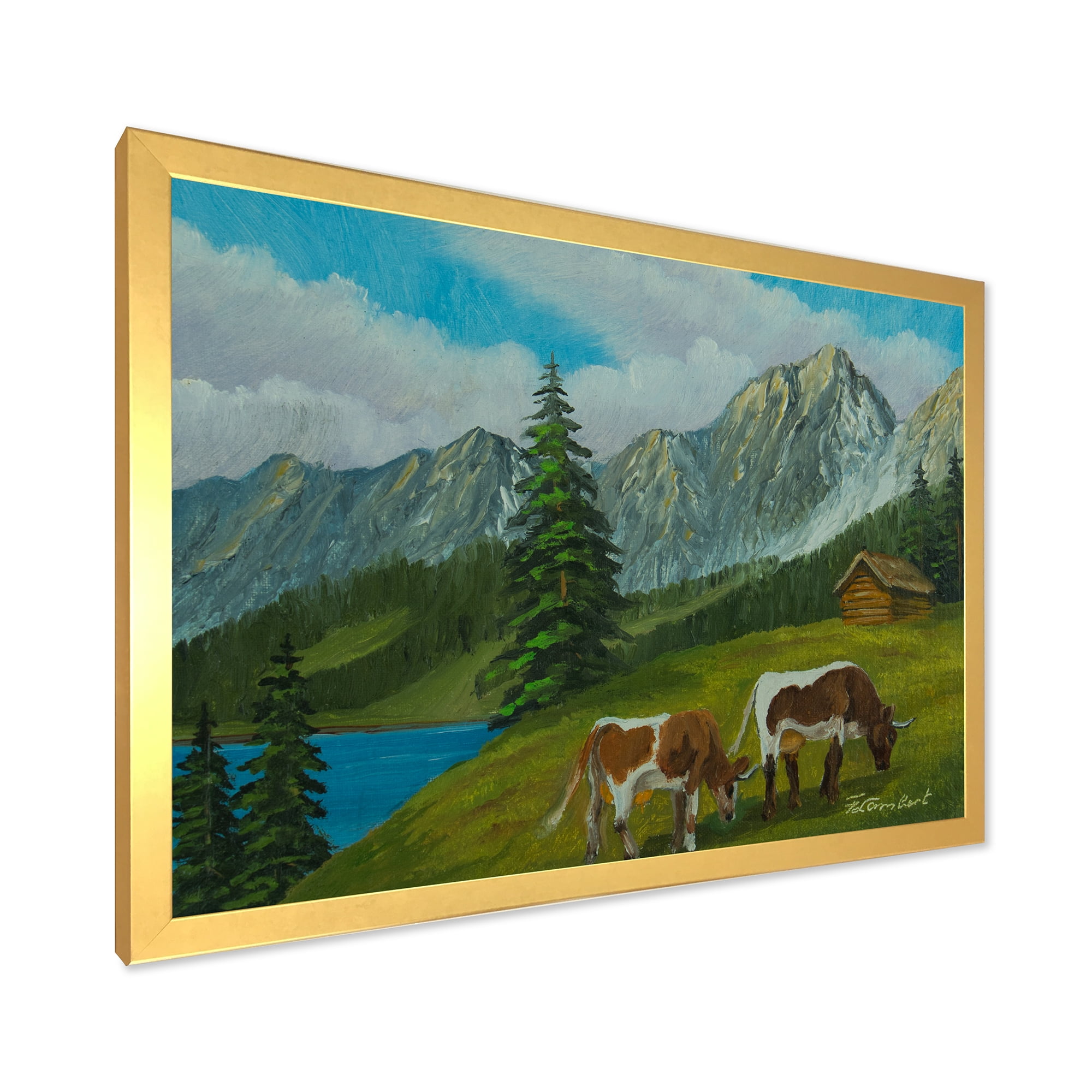 Designart 'Cows On A Green Meadow With Mountain Landscape With ' Farmhouse Framed Art Print