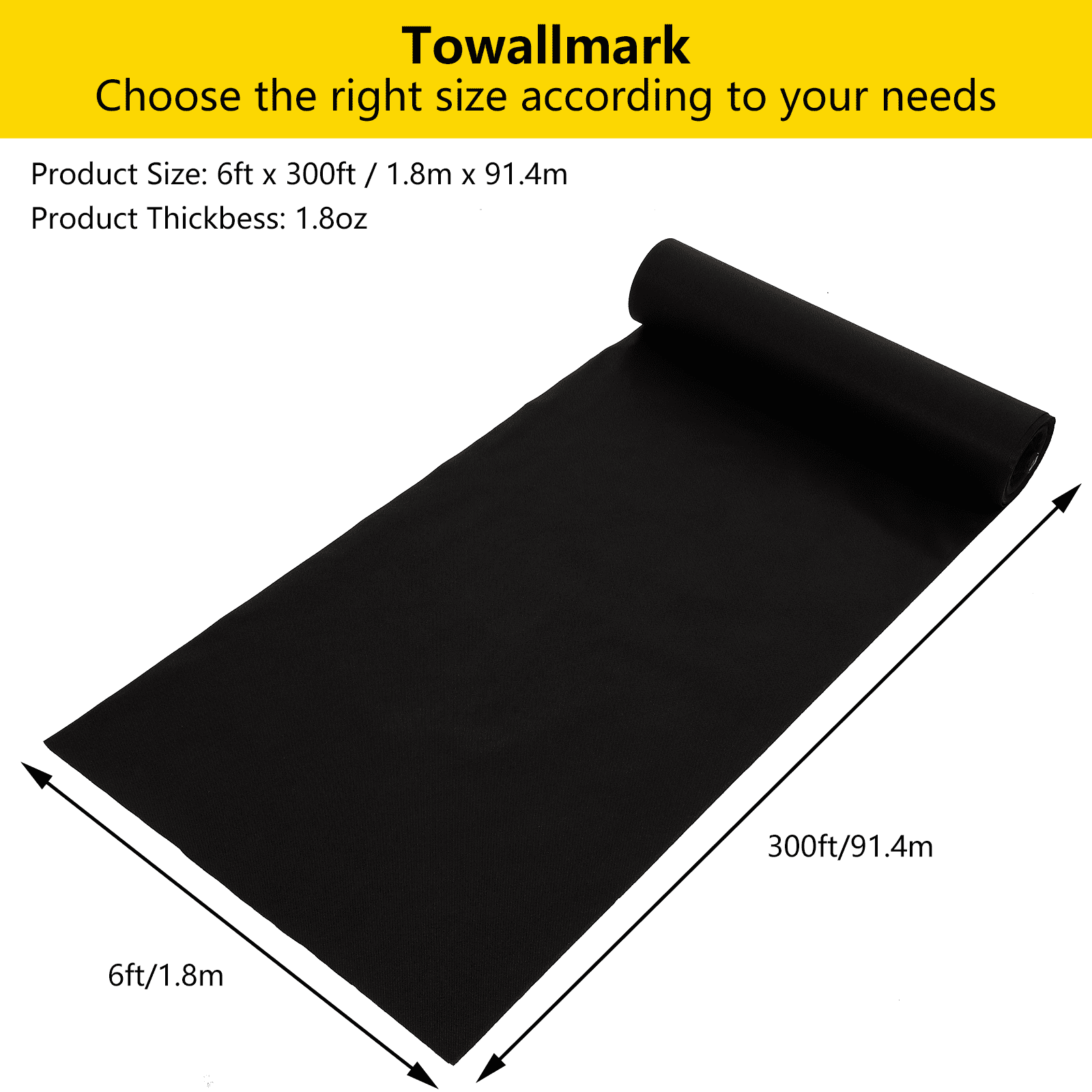 6ft x300ft Weed Barrier Landscape Fabric, Premium Non-Woven 1.8oz Ground Cover Weed Block Gardening Mat, Easy Setup & Superior Weed Control, for Weed Block, Ground Cover, Erosion Control