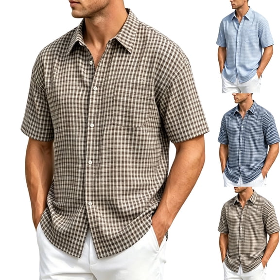 Mens Plaid Shirt Short Sleeve Button Down Cotton Blend Dress Shirt Loose Wrinkle Free Casual Business Summer Gingham Shirts with Chest Pocket Size 3XL Coffee