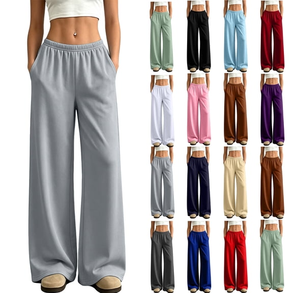 Evdexr Wide Leg Sweatpants Womens with Pockets Elastic Waist Baggy Trousers Fall Winter Palazzo Casual Pants Lightweight High Waisted Solid Color Joggers L