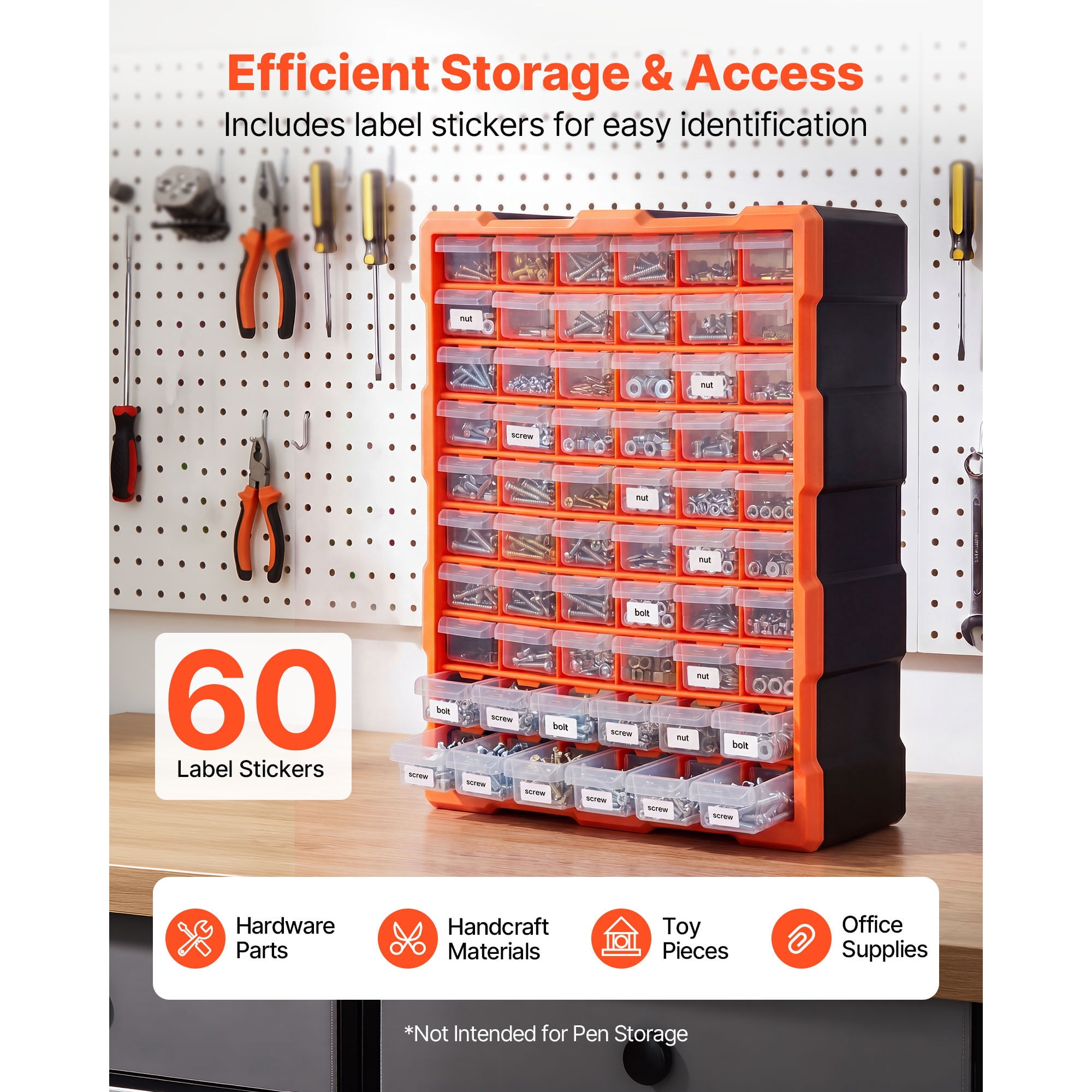 KFFKFF 60-Drawer Plastic Storage Organizer, Stackable Cabinet for Garage and Workshop, Wall-Mountable Organizer for Small Items like Hardware, Beads, Screws, Crafts, and Building Bricks