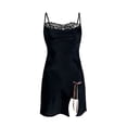 thumbnail image 6 of QUNYINEY Women Nightgown Sleeveless Satin Black Sleep Dress Boat Neck Short Spaghetti Strap with Slit Womens Sleepwear, 6 of 8