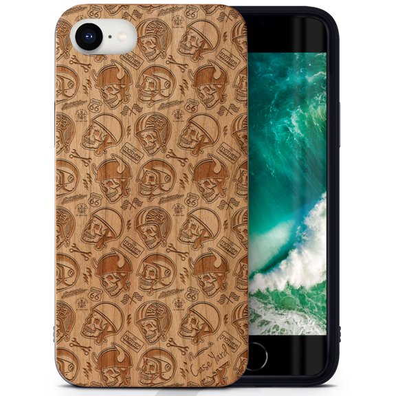 Case Yard Wooden Case Outside Soft TPU Silicone, Slim Fit Shockproof Wood Protective Phone Cover for Girls Boys Men and Women, Supports Wireless Charging Motor Skull Design case for iPhone-SE