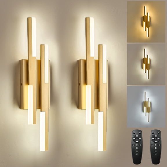 Modern Gold LED Wall Lights Set of 2, Gold Wall Sconce with Remote Control Dimmable Indoor Wall Light Bedside Remote Sconce for Bedroom Bathroom Living Dining Room (H19.7’’)