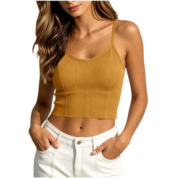 SHTXOZHI Womens Cropped Tank Tops Scoop Neck Ribbed Fitted Tees Spaghetti Strap Casual Basic Shirts with Built in Bra