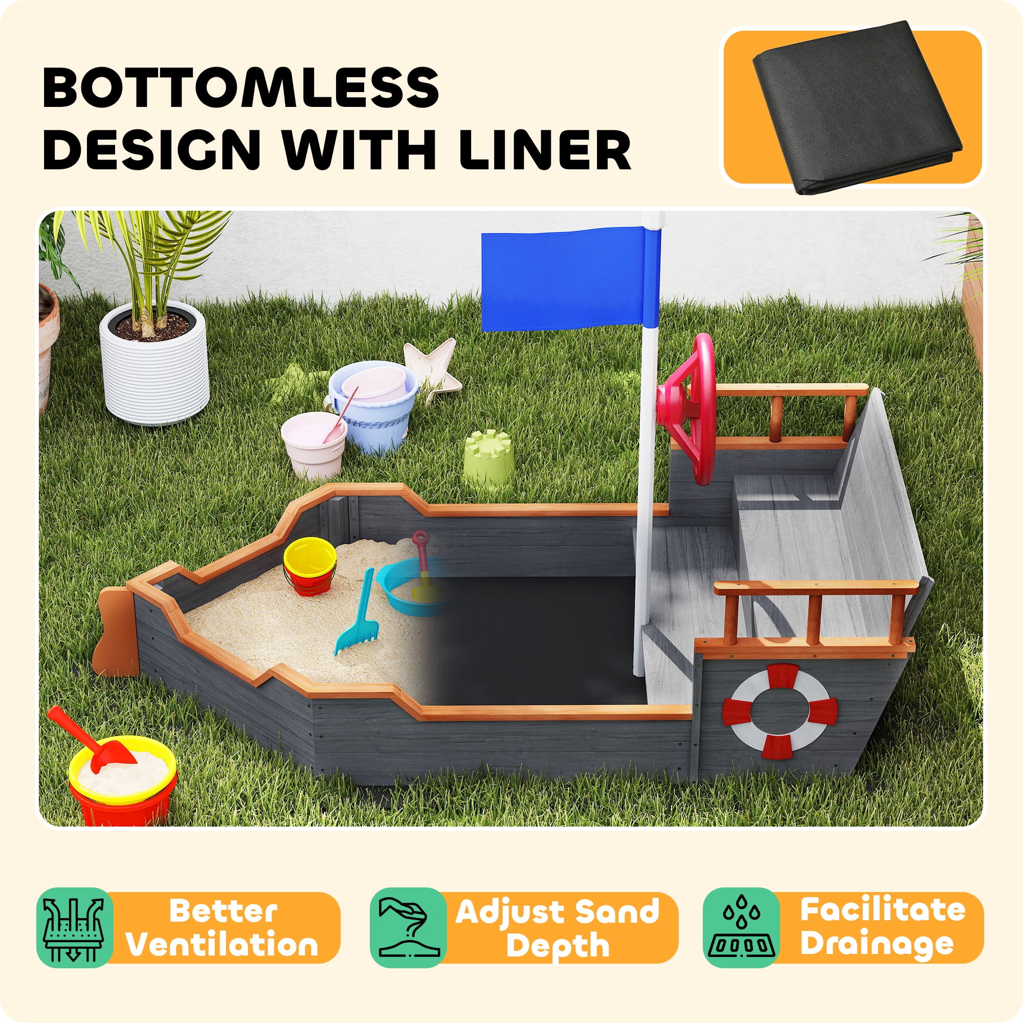 Kids Pirate Ship Sandbox with Bench Seat, Fir Wood Play Boat Sandbox with Flag Wheel Life Ring Decor, Hidden Storage Compartment, Bottomless Design for 3-6 Years Old