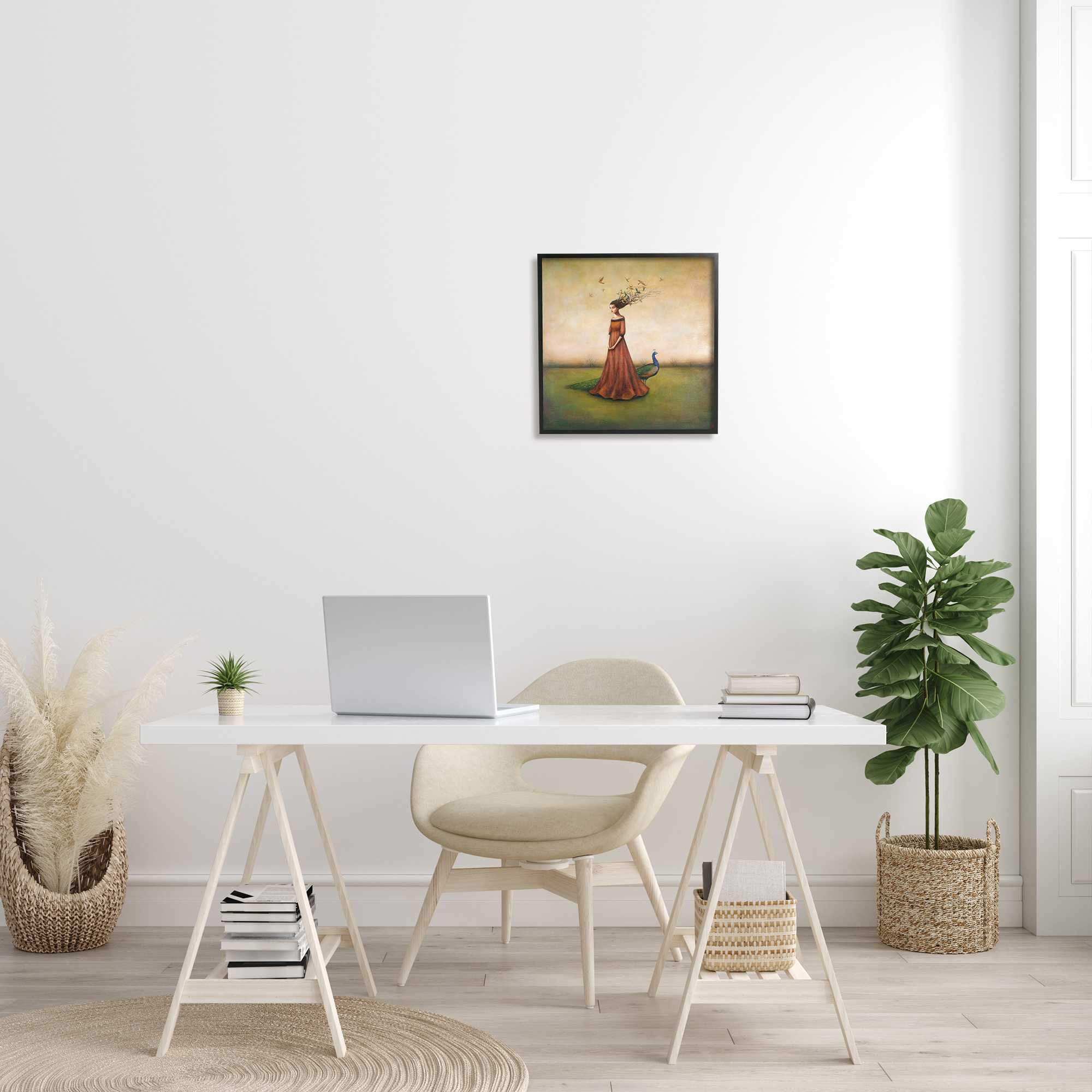 Beauty and Birds in Her Hair Woman and Peacock Illustration Abstract Framed Art Print Wall Art, 17x17