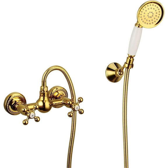 Golden Wall Mount Bathtub Faucet with Handheld Shower Spray, Hot and Cold Single Handle Bathroom Tub Mixer Tap