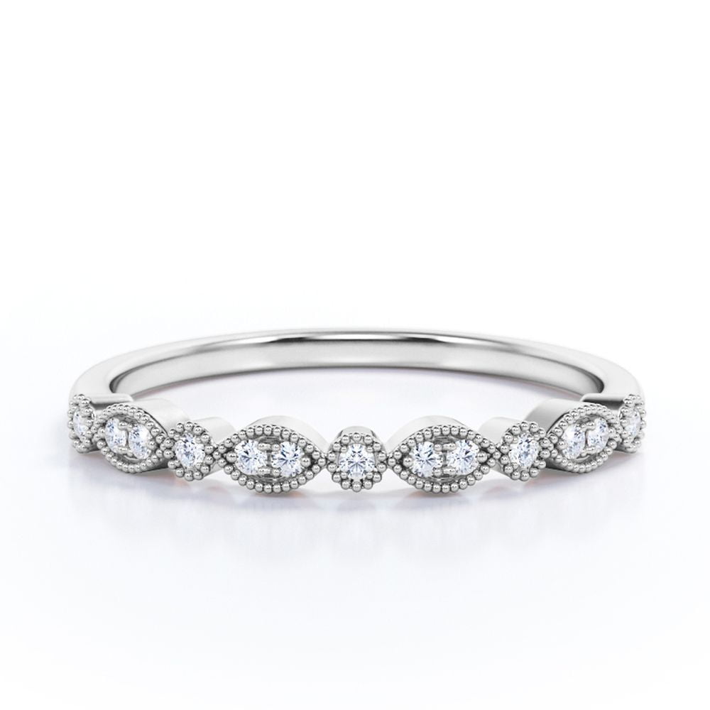 JeenMata Round Brilliant Moissanite Art Deco Wedding Ring Band in 18k White Gold Over Silver