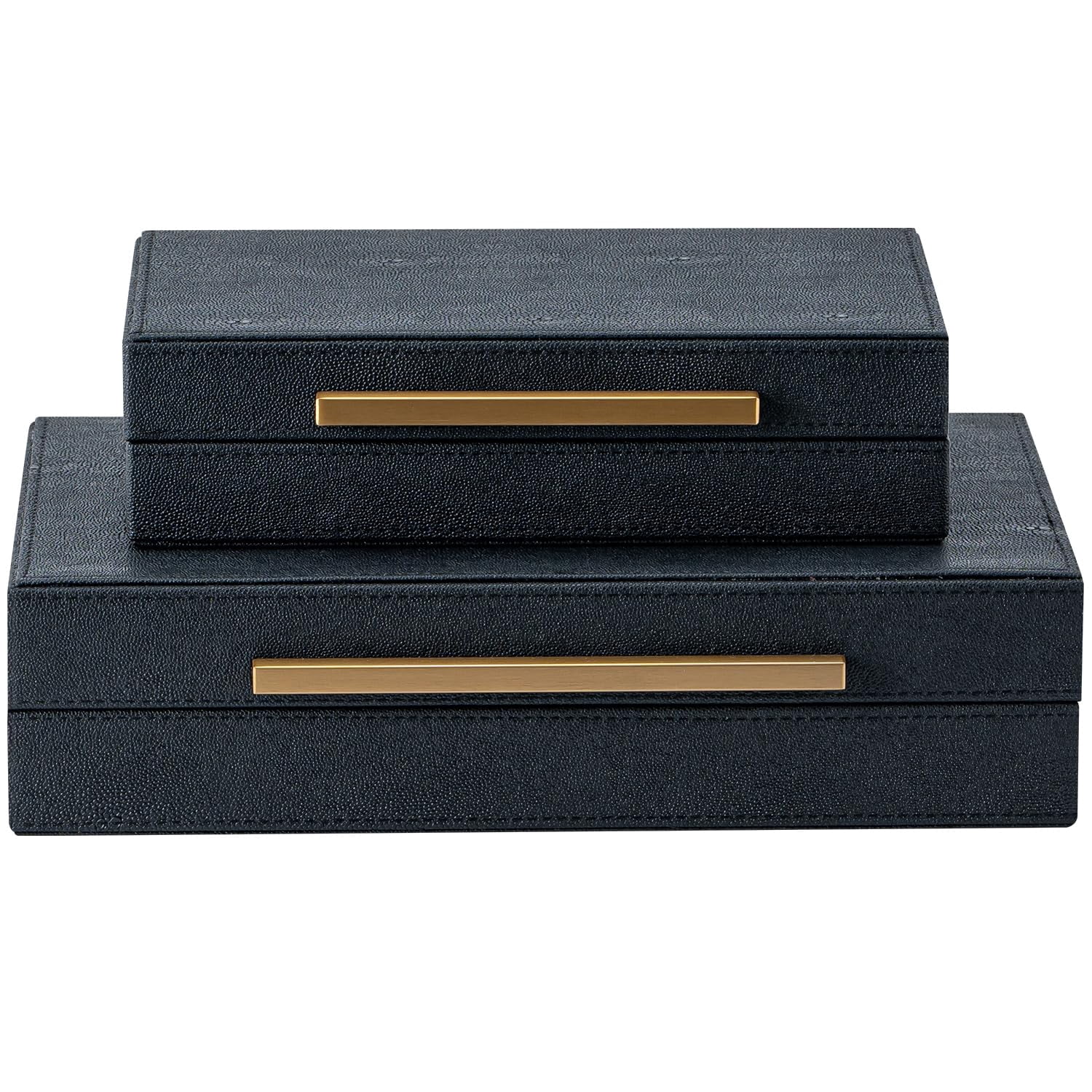 Set Of 2 Black Shagreen Storage Boxes With Metal Handles - Faux Leather Organizer  Nesting Decorative Box For Photos Memory Keepsake Home & Office Decor