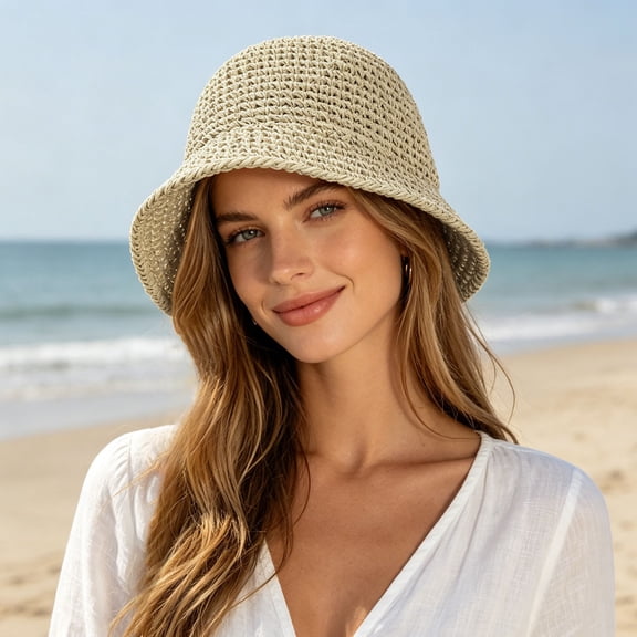 HUITKMM Womens Straw Sun Hat Wide Brim Bucket Hat Beach Summer Trendy Fashion 2026 Beige