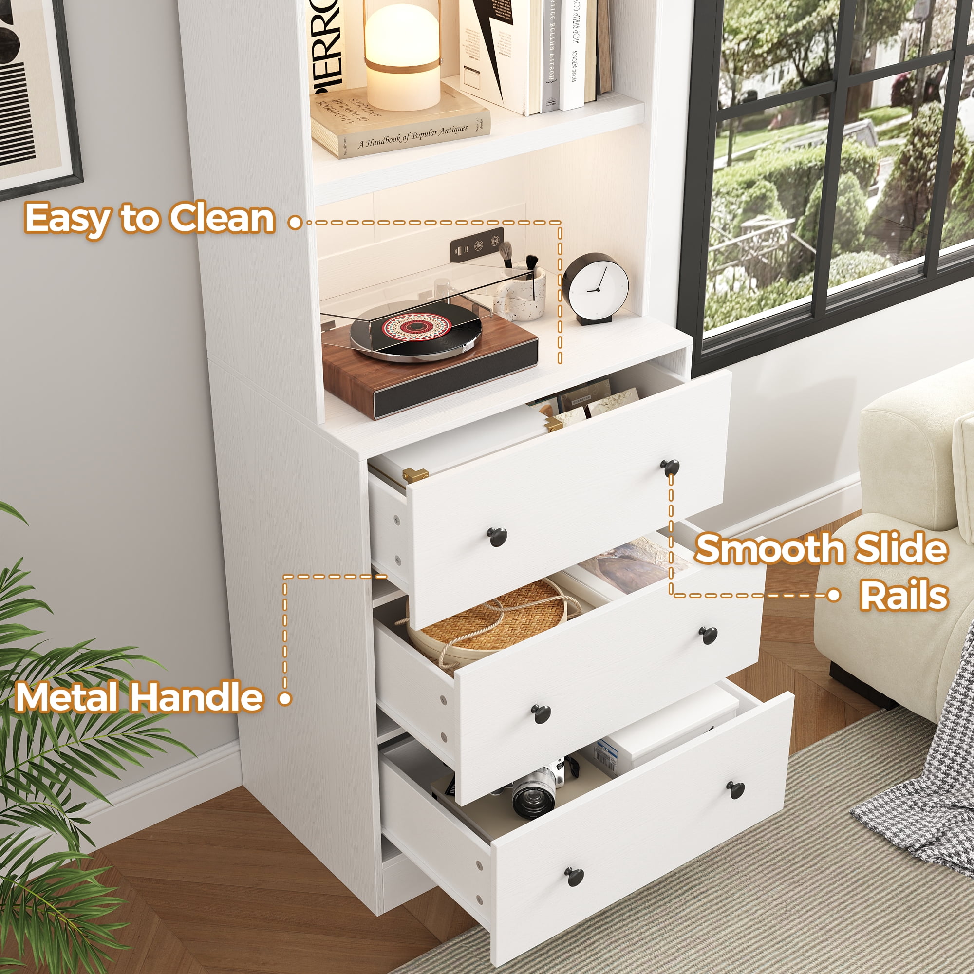 IDEALSOUL 71” Tall Bookshelf with Drawers, White Wooden Bookcase with Charging Station & LED Lights, Freestanding Display Cabinet with Shelves & Large Storage Space for Living Room, Office, Bedroom