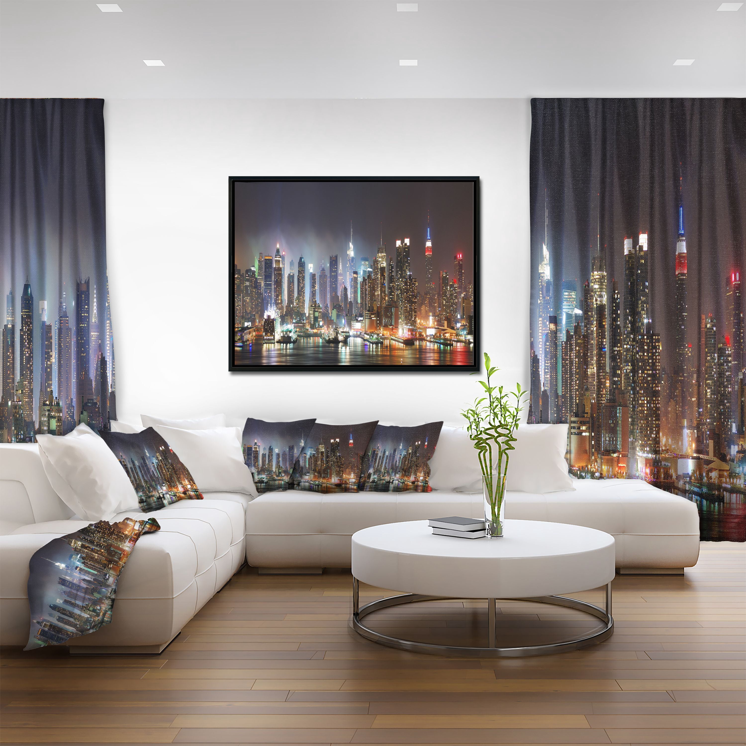 Designart ' Lit NYC Manhattan Skyline ' Cityscape Photo Framed Canvas Print