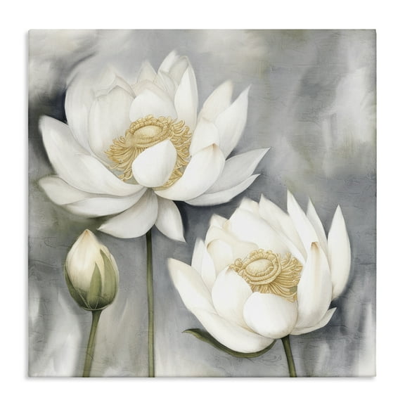 Stupell Industries White Lotuses on Grey Plants & Flowers Painting Wrapped Canvas Art Print Wall Art, 17 x 17