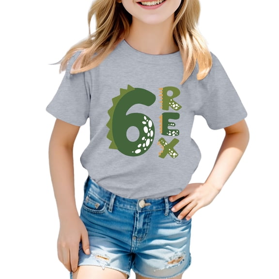 FINALGANG Girls 6Th Birthday Dinosaur Rex Print Short Sleeve TShirt Crew Neck Casual Party Tee For Kids Daily Wear Versatile Top