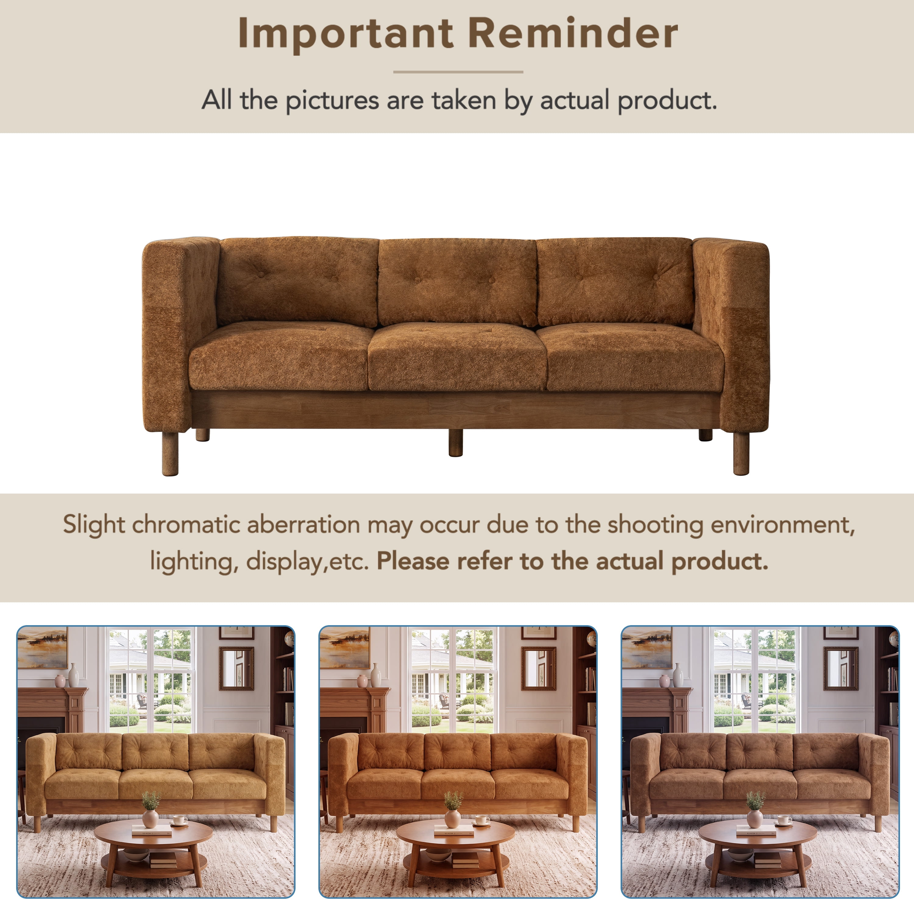 GARITIN 3 Seater Sofa 78 Inch, Chenille Upholstered Couch with Square Arms and Tufted Pillow Back for Living Room Apartment, Orange