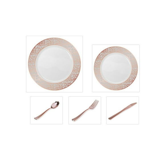 Mosaic Collection White w/Rose Gold & Silver Border China-Like Plastic 10.25" Dinner Plates   7" Salad Plates   Cutlery *Party for 96*