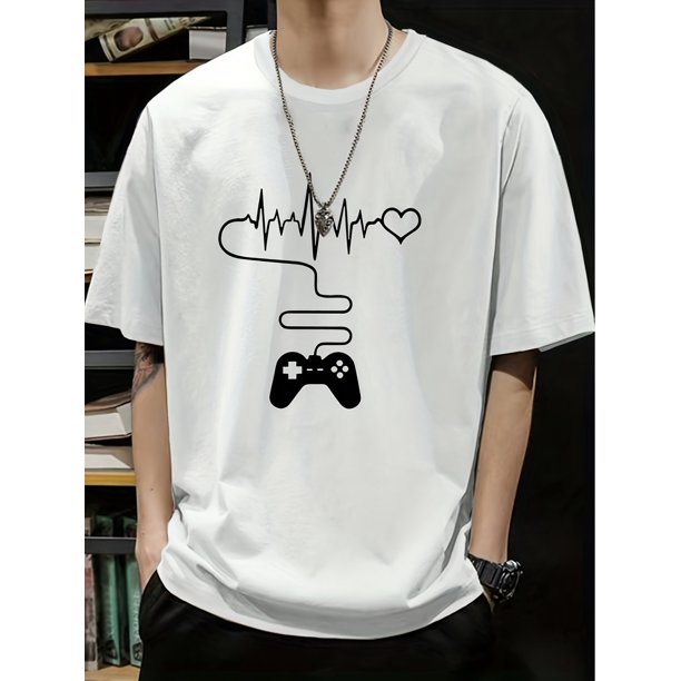 Camiseta para hombre con estampado de mando de juego y latidos, cuello redondo y manga corta, estilo informal y elegante para uso diario y urbano en verano.