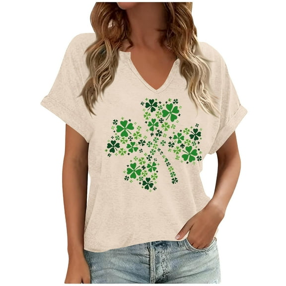 Erwazi St Patricks Day Women Short Sleeve T-Shirts V Neck Shamrock Funny Clover Tee Tops