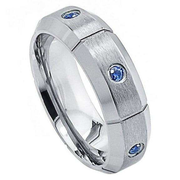 7mm Titanium Band Grooved with Six (6) 0.05 Carat Blue SapphiresWedding Band Ring Men Or Ladies