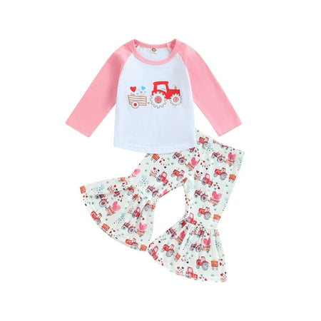 

Valentine s Day Kids Girls Clothes Set Car Heart Print Long Sleeve Crew Neck T-Shirts and Elastic Waist Flare Pants 2Pcs Suit