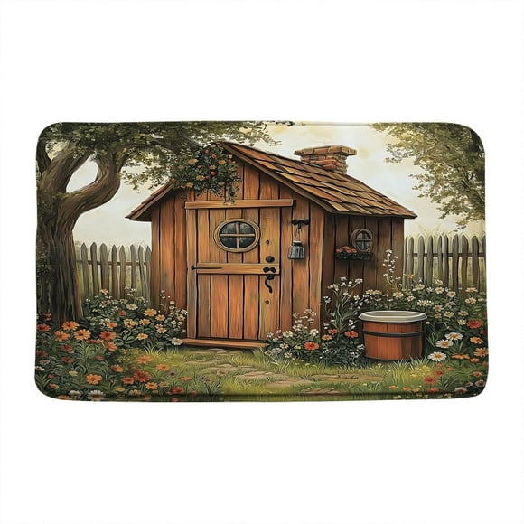 Outhouse Bath Mat Vintage Wooden House Tree Country Grass Yard Floral Garden Rustic Farmhouse Landscape Western Bathroom Floor Bathtub Bath Rug