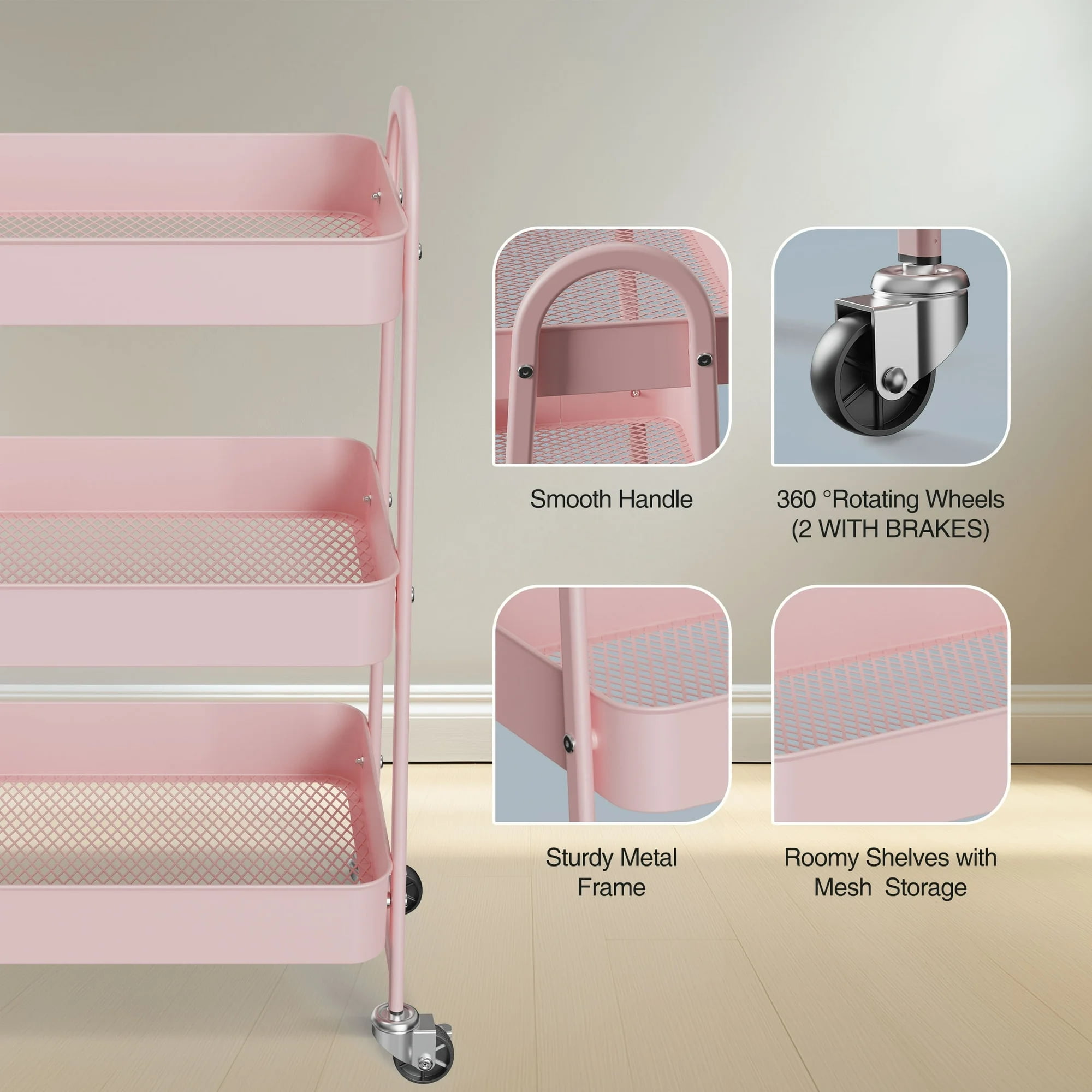 GIANNA 3 Tier Rolling Cart Organizer, Plastic Rolling Cart with Lockable Wheels & Reinforced Handle, Lightweight Utility Cart Storage Cart for Nursery, Kitchen, Bathroom, Craft Room
